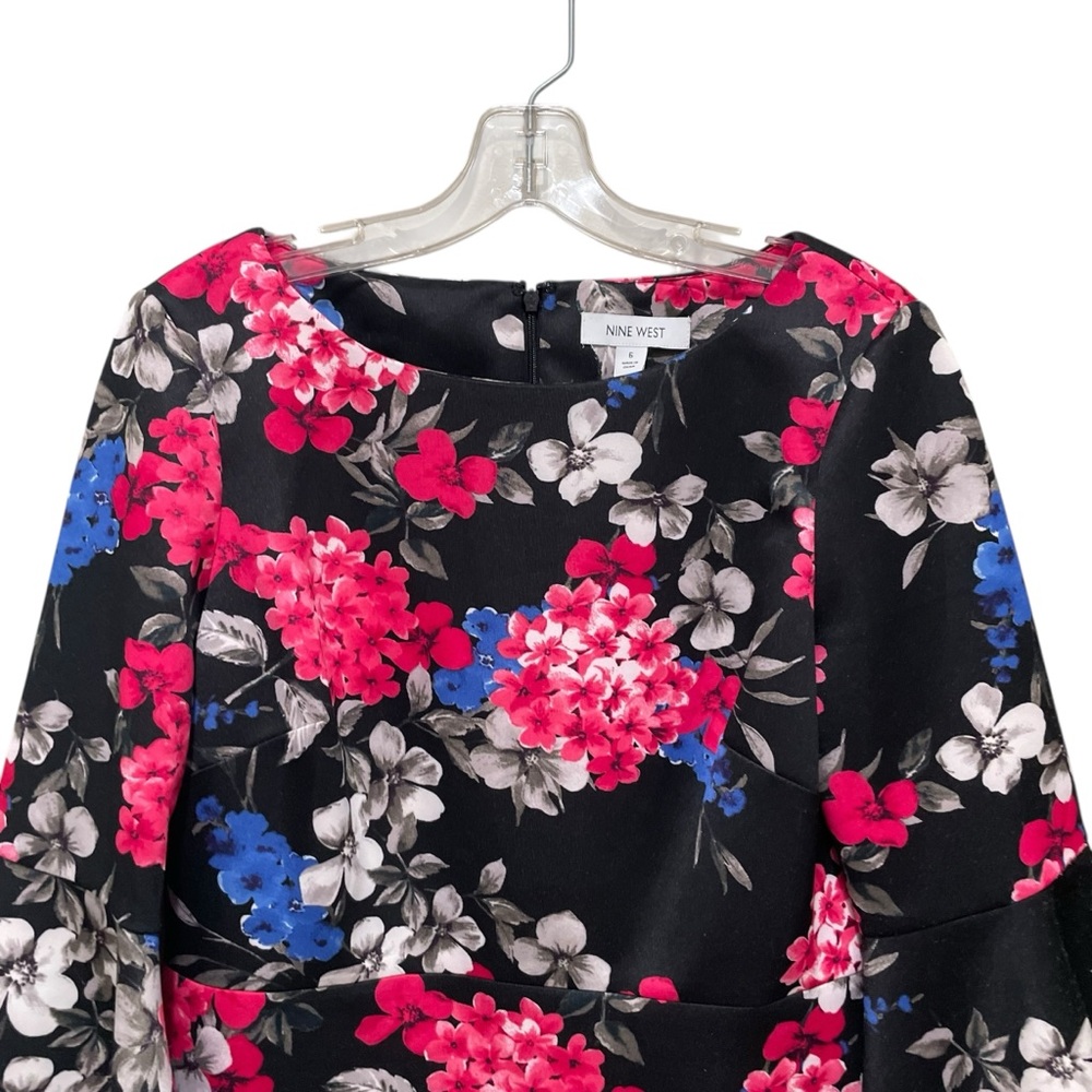 Nine West Floral Bell Sleeve Sheath Dress Black Multi Women’s Size 6 NWT - Picture 5 of 10